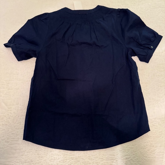 J Crew Factory NWT Linen Blend Short Sleeve Smock Neck Top Size Small in Navy - Picture 2 of 2